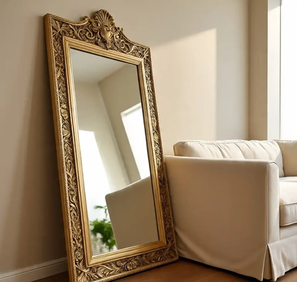 Art Deco Magic: 34 Living Room Ideas to Inspire 31 Gold-Framed Floor Mirrors That Reflect Light and Luxury