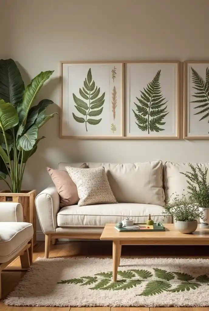 Bringing the Outdoors In: Living Room Nature Decor Ideas to Create a Beautiful Space 5 Opt for Botanical Prints in Wall Art, Pillows, and Rugs