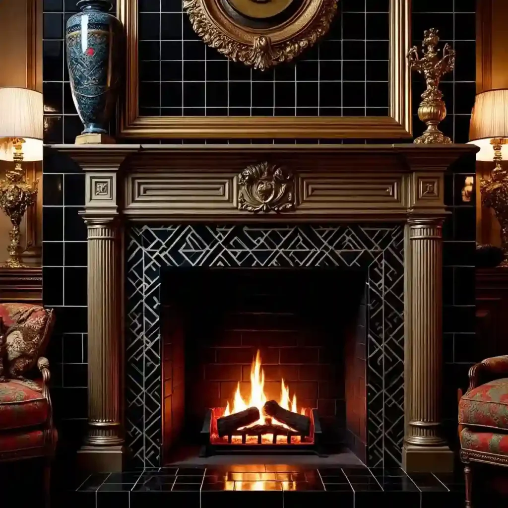 Art Deco Magic: 34 Living Room Ideas to Inspire 22 Tiled Fireplaces with Glossy Black or Metallic Finishes
