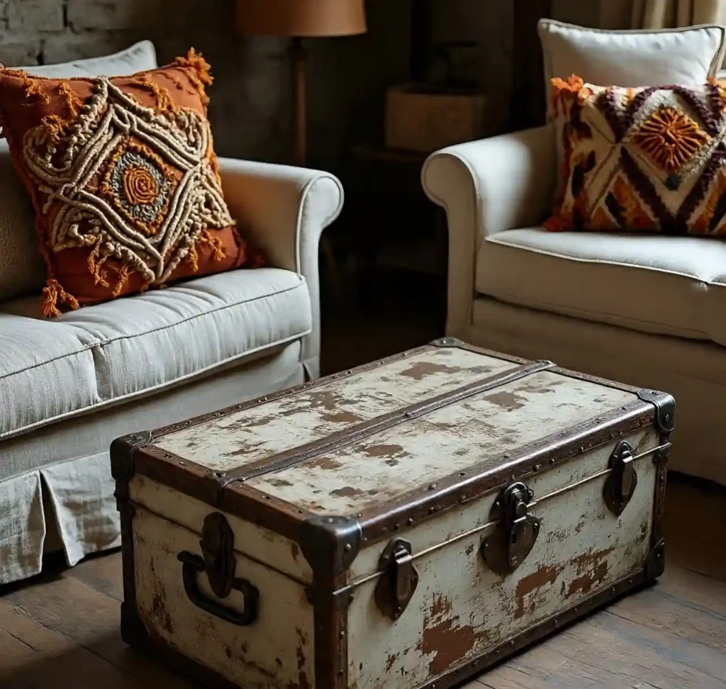 26 Vintage Boho Living Room Ideas For 2025 12 Vintage Trunks as Statement Storage-vintage boho living room idea