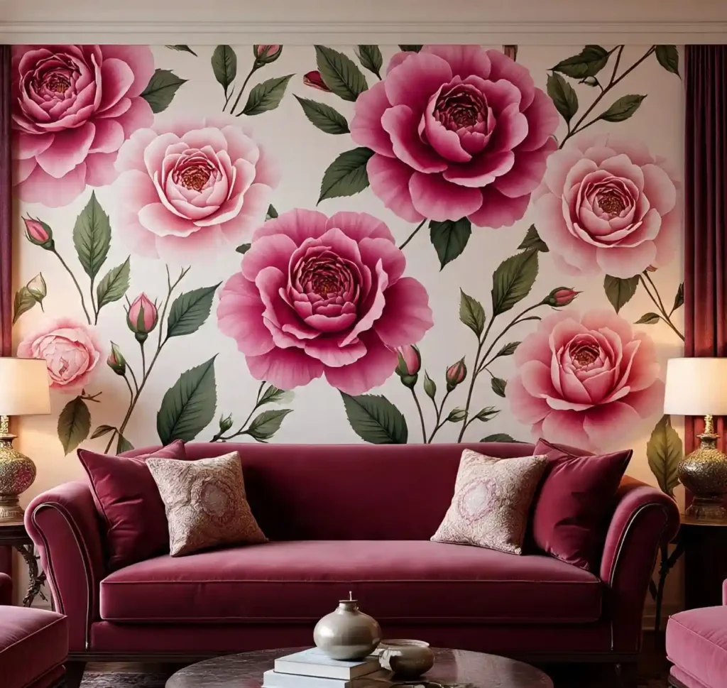 20 Living Room Wallpaper Trends to Instantly Elevate Your Space in 2025 2 Wallpaper style-Oversized Floral Murals Add Drama and Romance