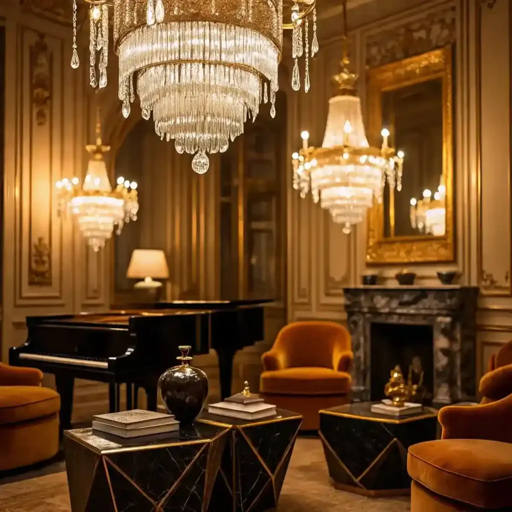 Art Deco Magic: 34 Living Room Ideas to Inspire 27 interior-design-in Tiered or Stacked Elements in Furniture and Lighting