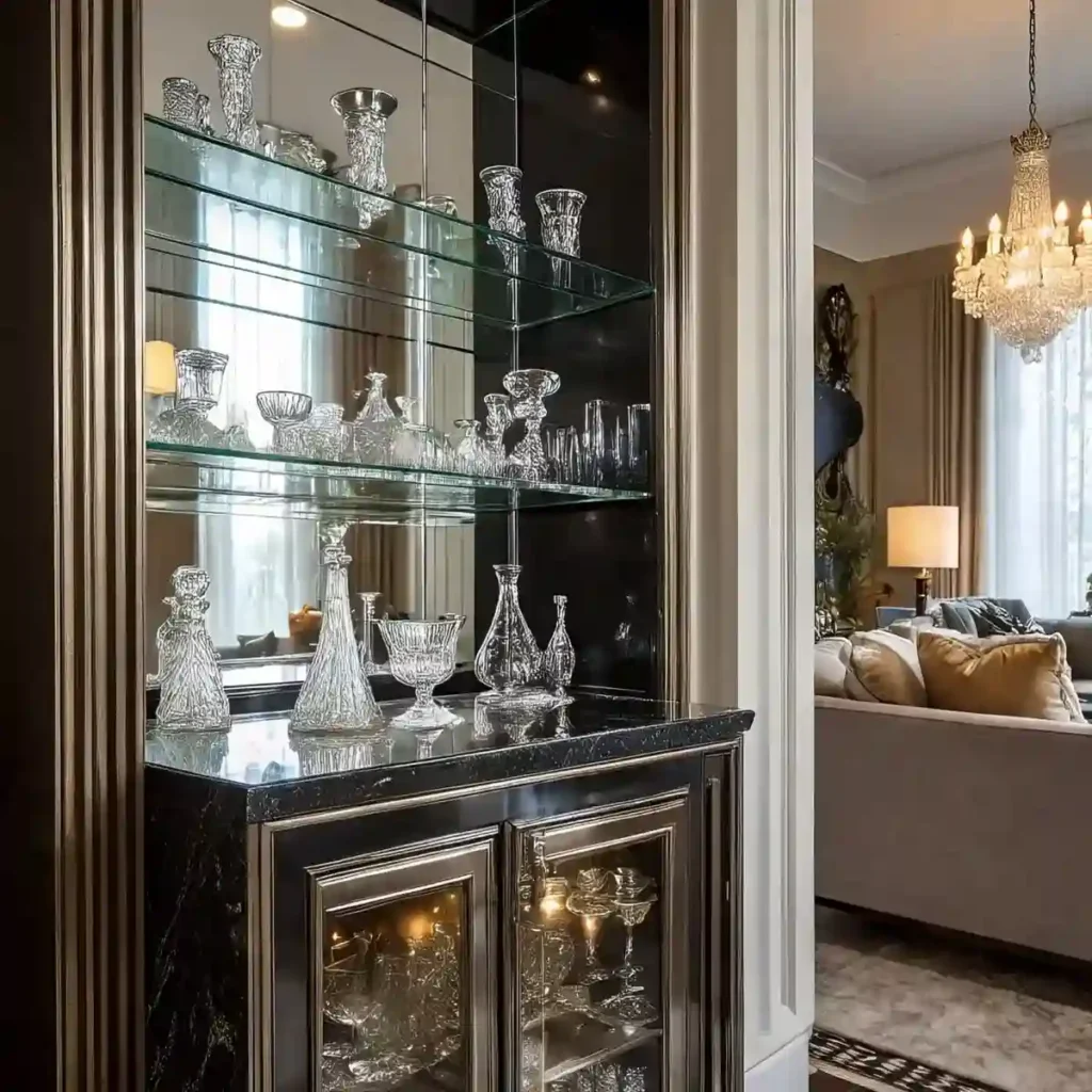 Art Deco Magic: 34 Living Room Ideas to Inspire 24 interior design of Built-in Bars or Bar Carts That Celebrate the Jazz Age