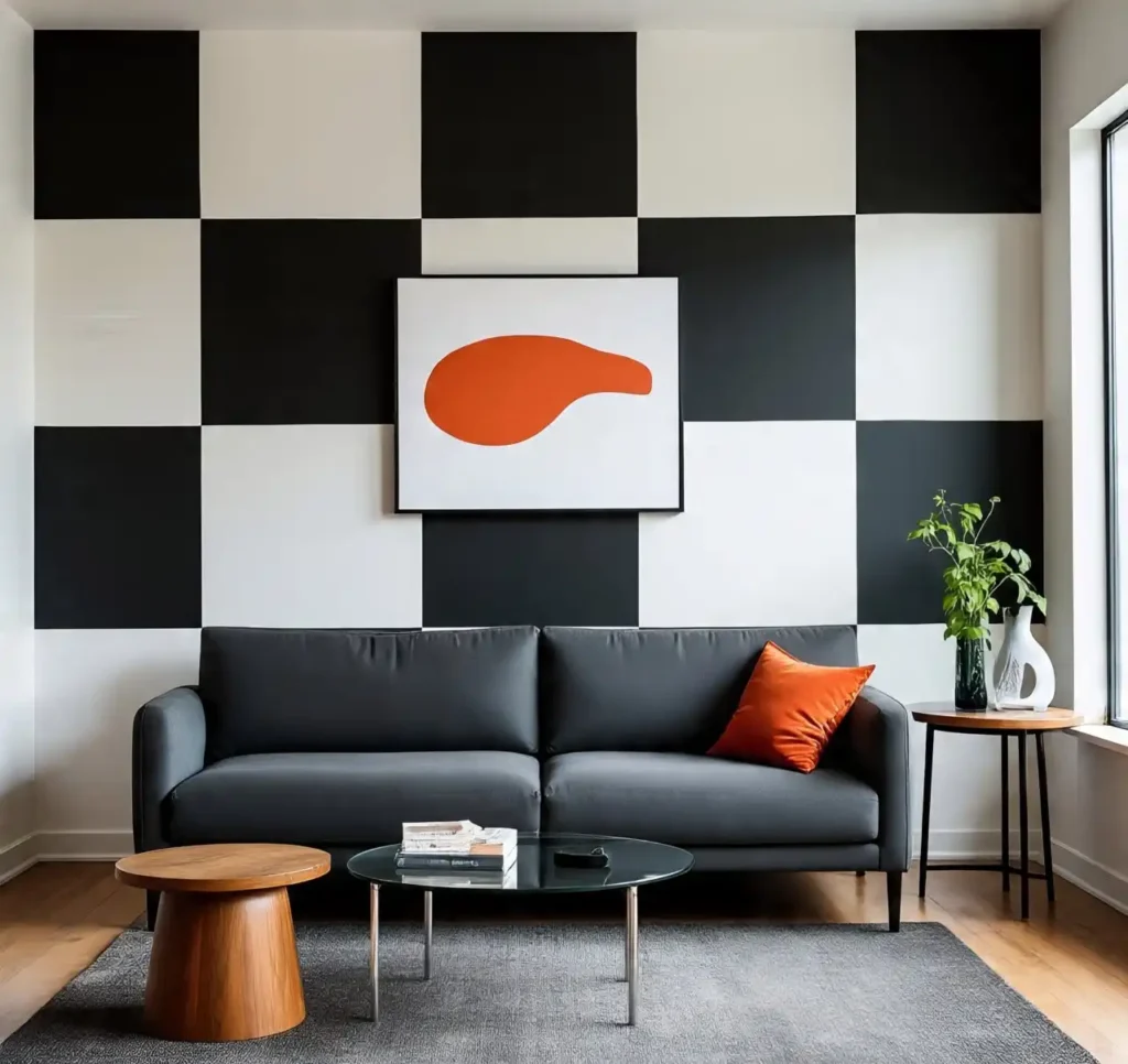 20 Living Room Wallpaper Trends to Instantly Elevate Your Space in 2025 19 wallpaper-Checkerboard and Grid Patterns Make a Bold Return