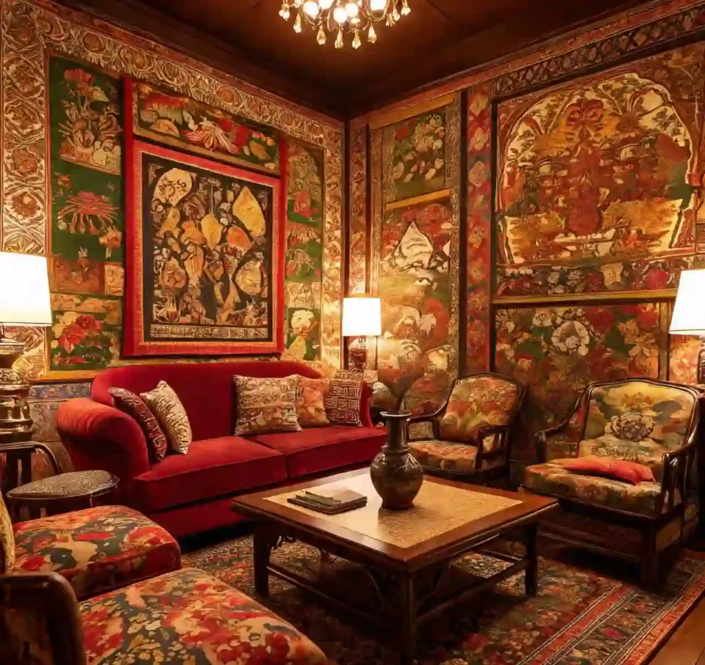 20 Living Room Wallpaper Trends to Instantly Elevate Your Space in 2025 14 wallpaper-Global-Inspired Prints Add Cultural Richness