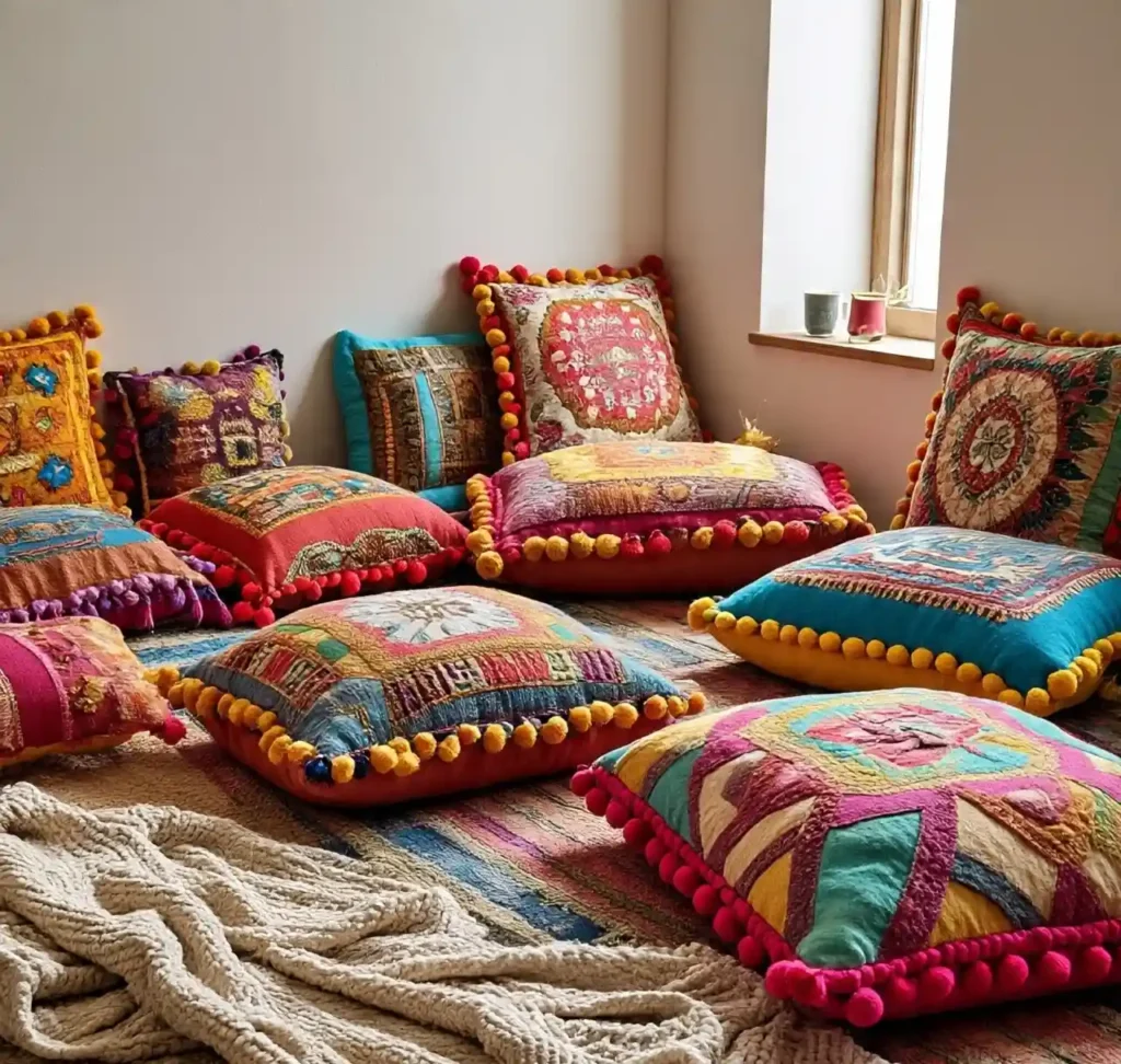 22 Boho Floor Pillow Ideas for a Comfy, Chic, and Relaxed Living Room Style 15 14-Boho Floor Pillow Idea