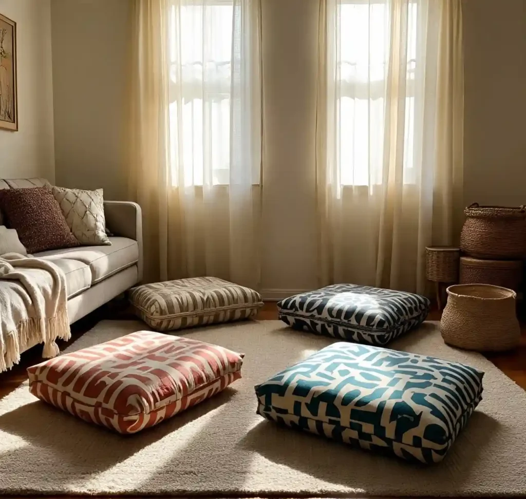 22 Boho Floor Pillow Ideas for a Comfy, Chic, and Relaxed Living Room Style 20 19-Boho Floor Pillow Idea