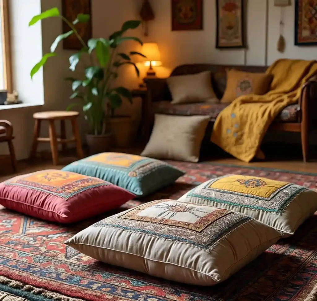 22 Boho Floor Pillow Ideas for a Comfy, Chic, and Relaxed Living Room Style 8 7-Boho Floor Pillow Idea