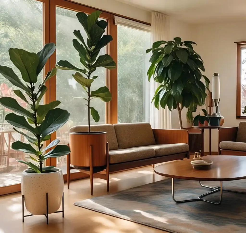 20 Mid-Century Modern Living Room Ideas to Achieve Retro-Inspired Sophistication 9 Natural Idea with indoor plants-Mid-Century-Modern Living Room Ideas
