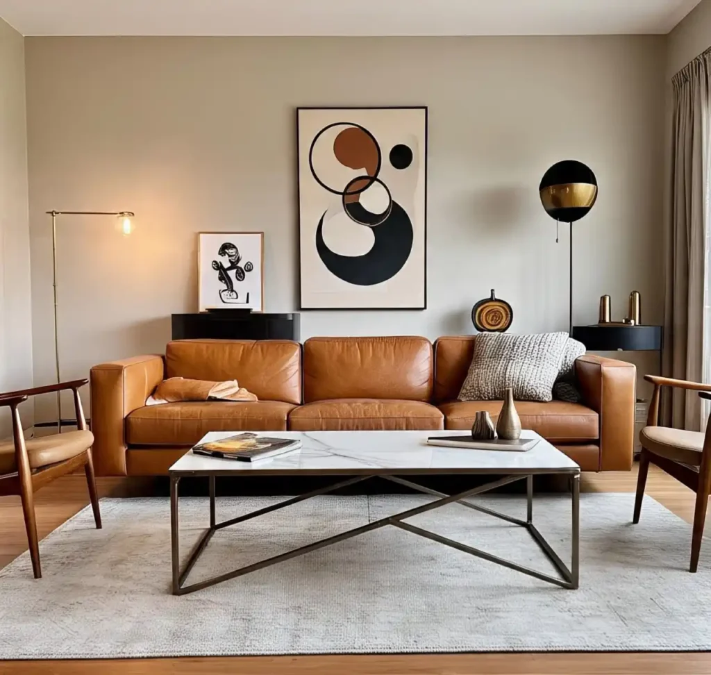 20 Mid-Century Modern Living Room Ideas to Achieve Retro-Inspired Sophistication 12 leather-style-sofa--Mid-Century-Modern Living Room Idea