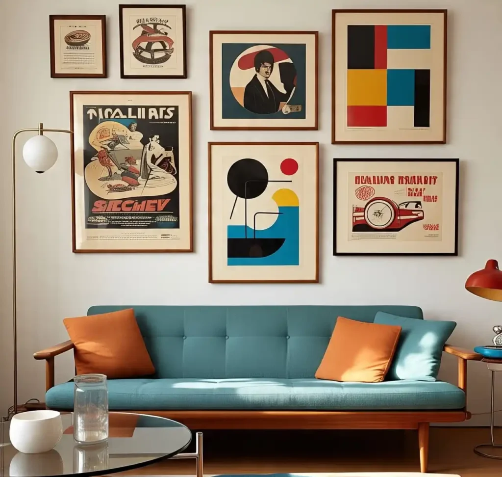 20 Mid-Century Modern Living Room Ideas to Achieve Retro-Inspired Sophistication 13 -sofa-with-sceneries-Mid-Century-Modern Living Room Idea