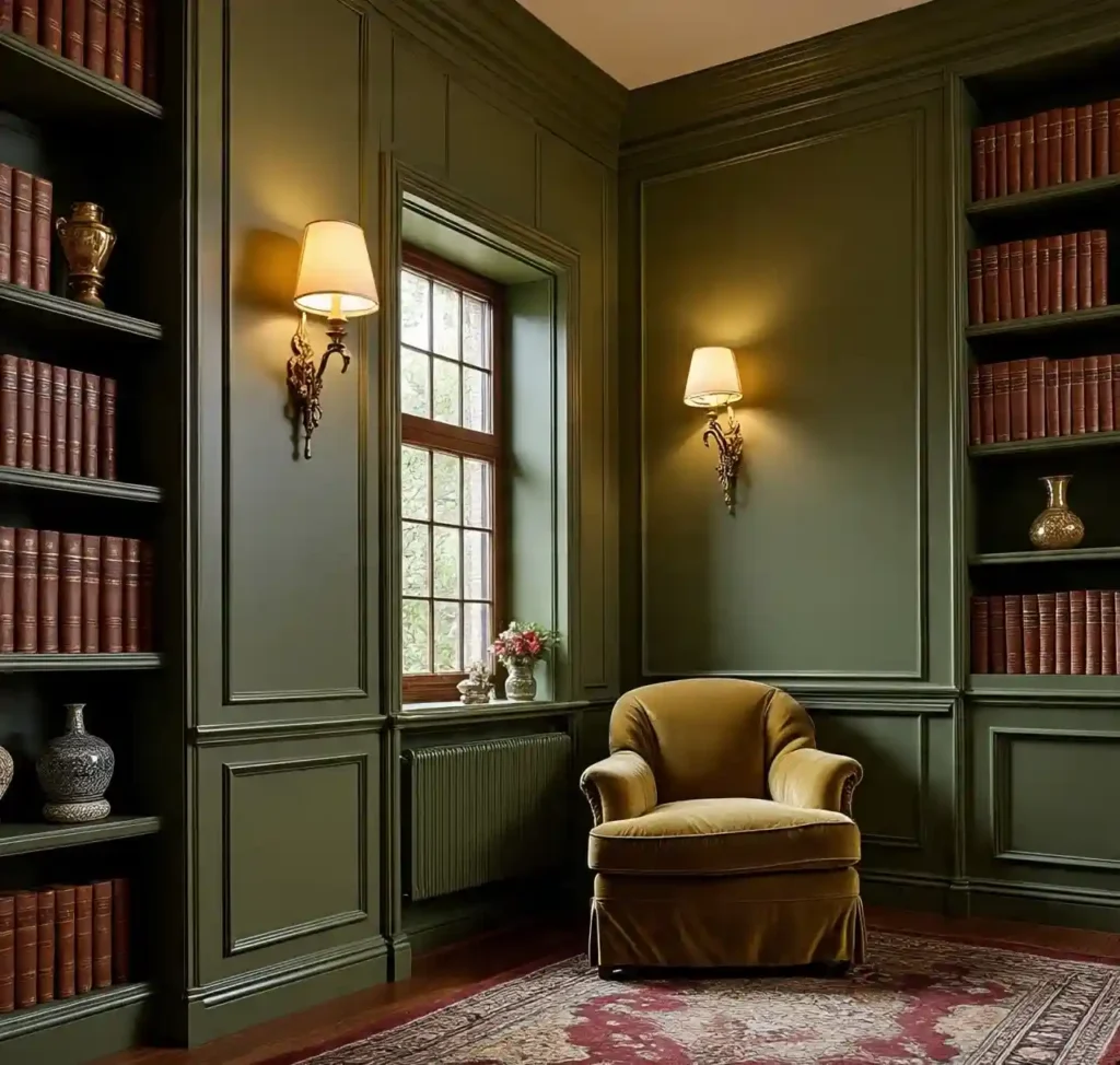 30 Gorgeous Home Design Ideas to Upgrade Every Room With Style 24 21-home design idea-Moody Green Library Lounge