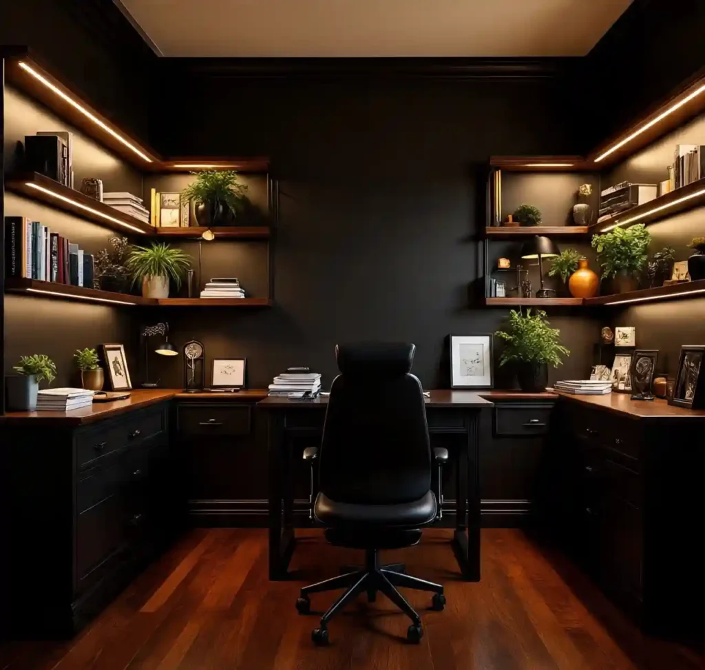 28 Dark Office Decor Ideas for a Minimalist, Functional & Stylish Workspace 27 23-Dark Office Decor Idea