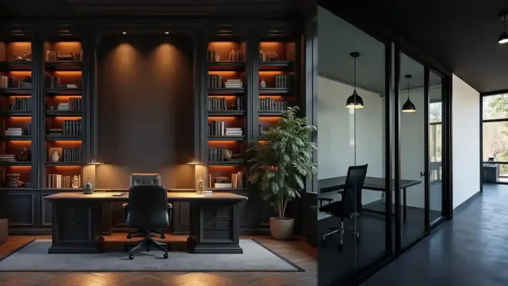 28 Dark Office Decor Ideas for a Minimalist, Functional & Stylish Workspace 8 28 Dark Office Decor Ideas for a Minimalist Functional Stylish Workspace