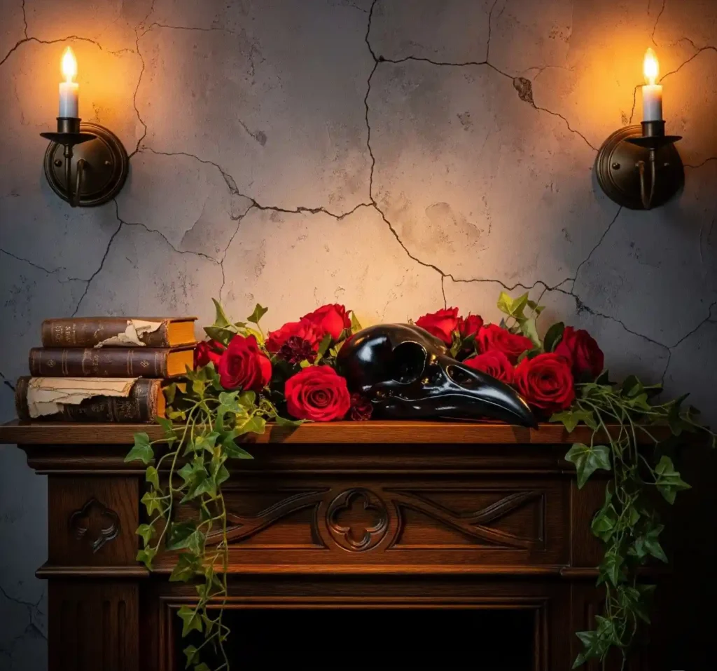 25 Spellbinding Moody Gothic Mantel Decor Ideas to Embrace Dark Elegance 6 5-Moody Gothic Mantel Decor Idea